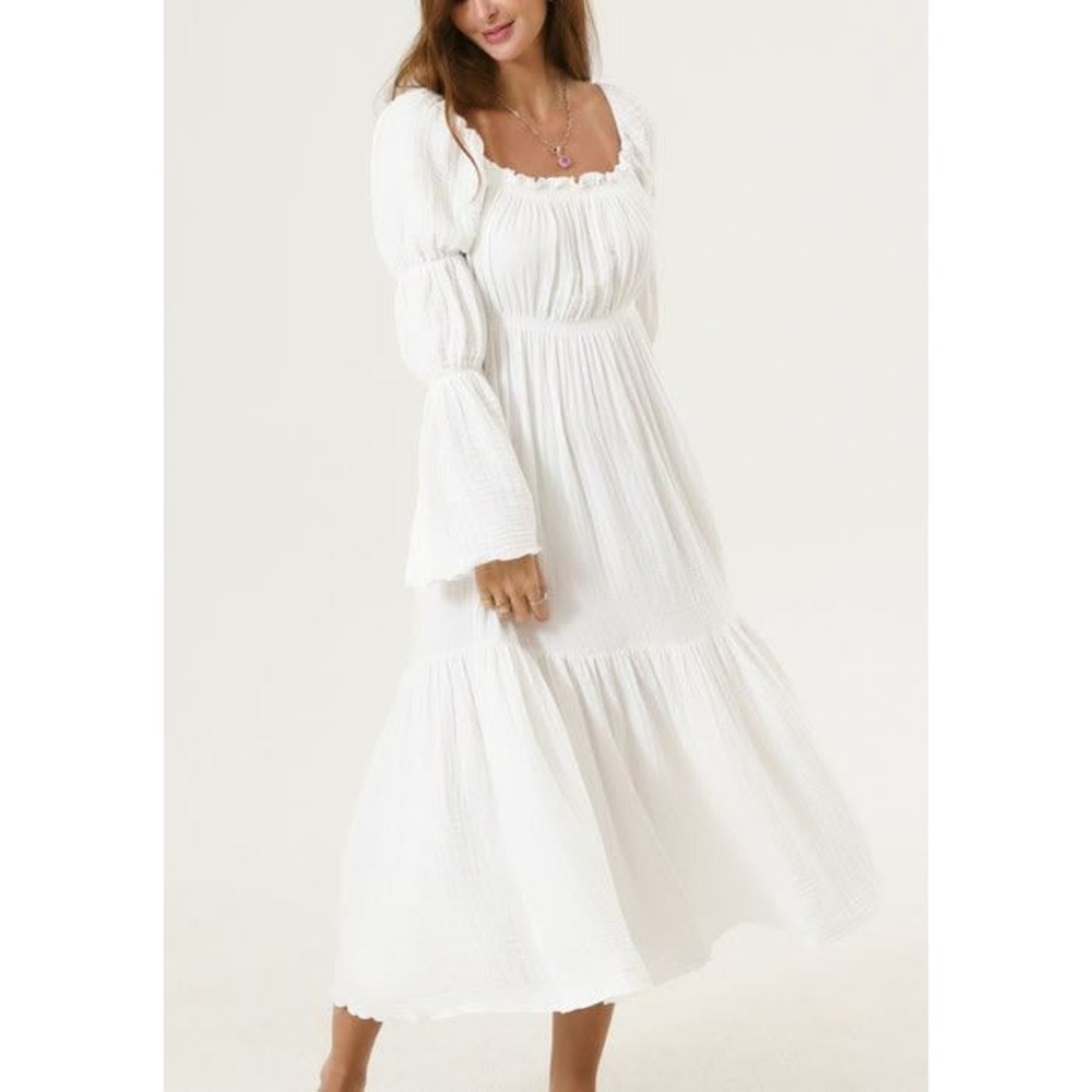 Nothing Fits But Seine Dress L/XL Midi Cotton Gauze Smocked Bell Sleeve White